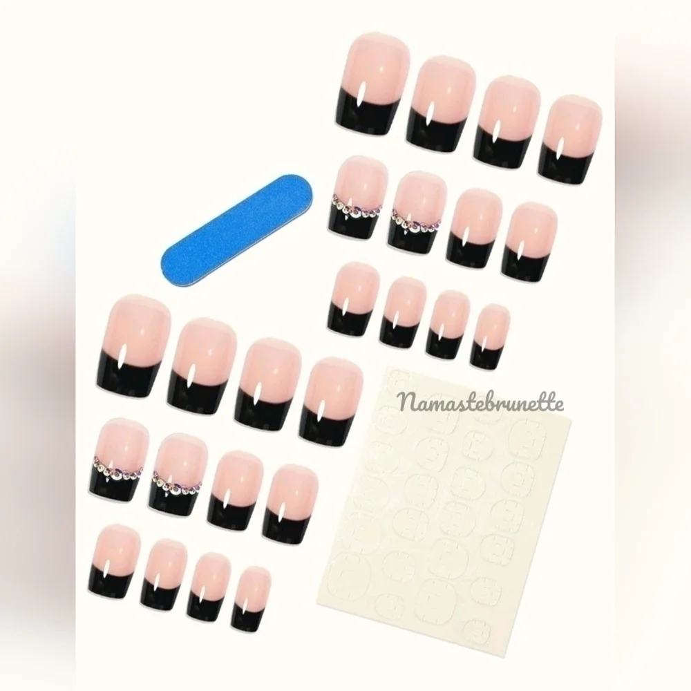 2/$16 Black Rhinestone French Manicure Press On Nails